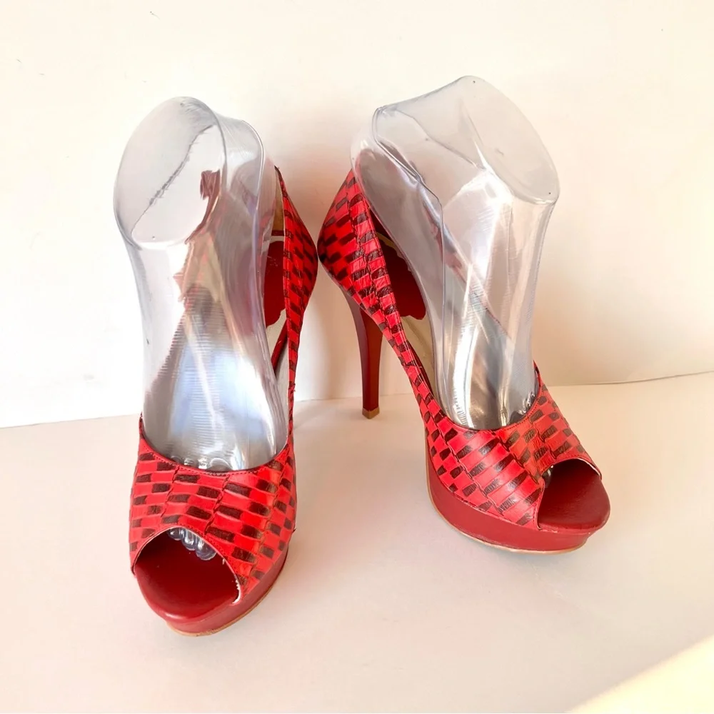 ART COUROS Checkered Side Bow Peep Toe Platform Heels—SZ. 6